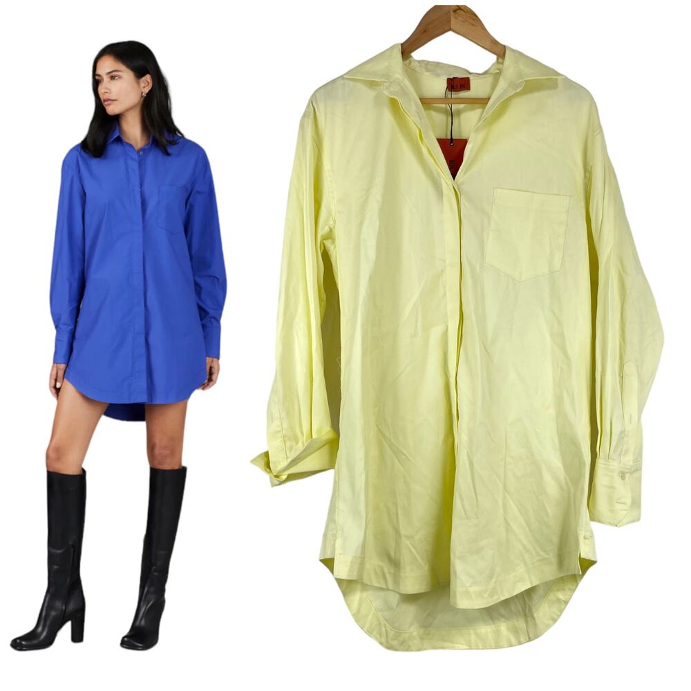 Alix NYC NWT Clay Shirt Dress Size M Yellow Loose Fit Pleated Long Sleeve Cotton